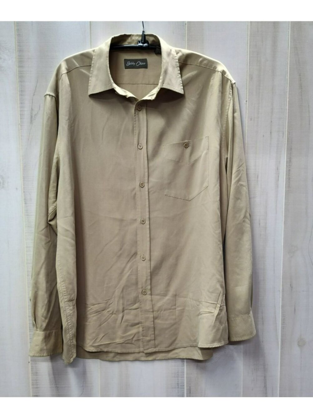 Vintage Bobby Chan Silk Button Up Shirt, Khaki Tan Brown, Long Sleeve, Size M